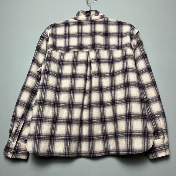 Banana Republic Wool Blend Ruffle Collar Flannel Shirt Gray Plaid Women’s Size L - Picture 2 of 8